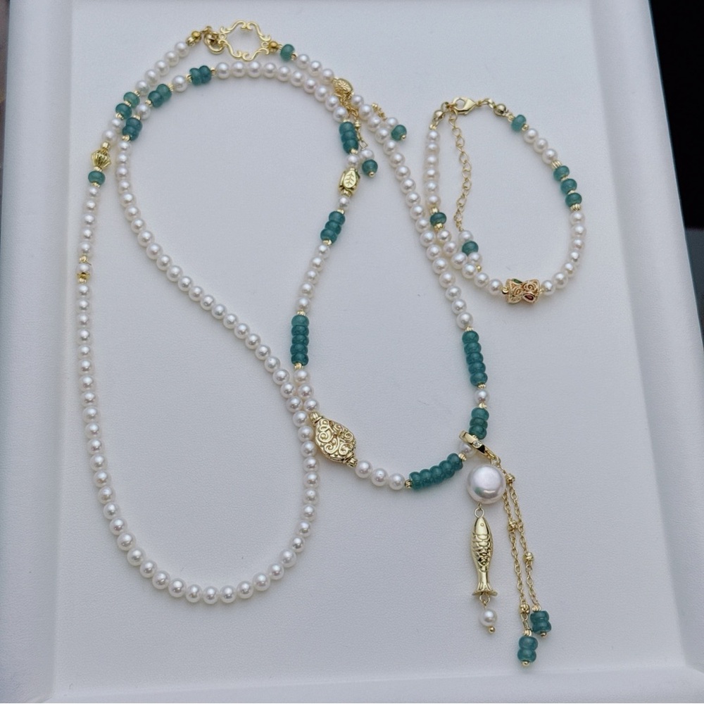 X668 Handmade High Quality Freshwater Pearl Jade Long Necklace and Bracelet Set - Picture 4 of 11